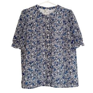 J Crew Floral Blouse Cottage Puff Sleeve Prairie Feminine Boho Blue White